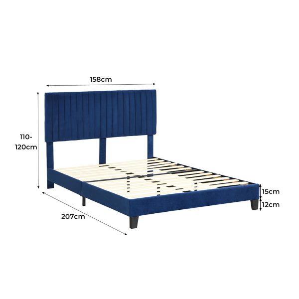 Parilla Bed Frame Mattress Base Platform Wooden Velevt Headboard – QUEEN, Blue
