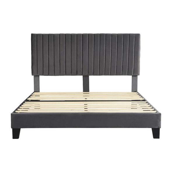 Parilla Bed Frame Mattress Base Platform Wooden Velevt Headboard – QUEEN, Grey