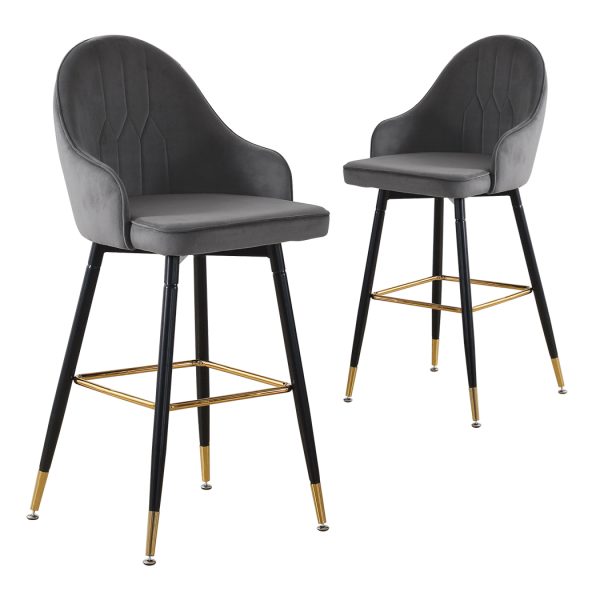 2x Bar Stools Stool Kitchen Chairs Swivel Velvet Barstools Vintage – Grey