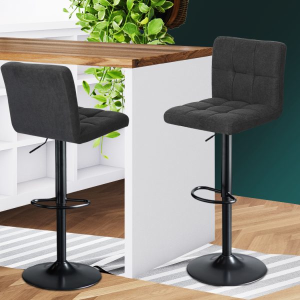 2x Kitchen Bar Stools Gas Lift Chairs 360° Swivel Steel Grey Linen Fabric