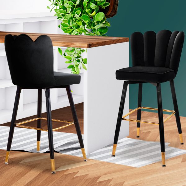 2x Bar Stools Kitchen Stool Chairs Velvet Swivel Barstools Luxury Black