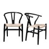 Set of 2 Dining Chairs Rattan Seat Side Chair Kitchen Wood Furniture – Black