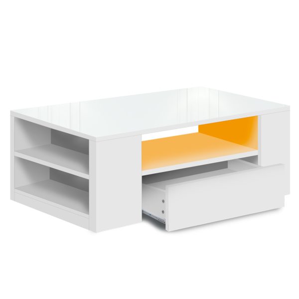 Coffee Table LED Lights High Gloss Storage Drawer Living Room – White