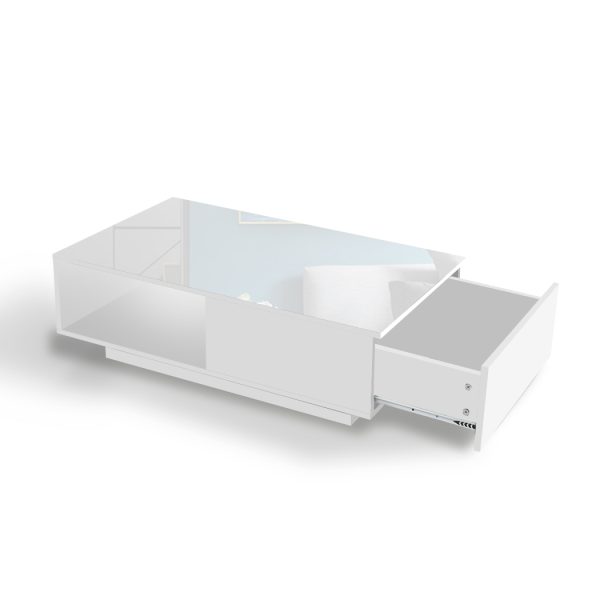 Coffee Table LED Lights High Gloss Storage Drawer Living Room – White