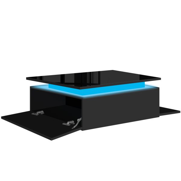 Coffee Table LED Lights High Gloss Storage Drawer Living Room – Black