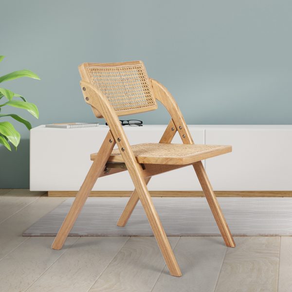 Foldable Single Deck Chair Solid Wood Rubberwood Rattan Lounge Seat