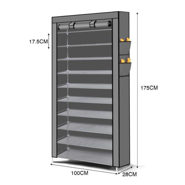 10 Tier Shoe Rack Portable Storage Cabinet Organiser Wardrobe Cover – Grey