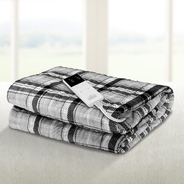 Bedding Electric Throw Rug Flannel Snuggle Blanket Washable Heated Grey and White Checkered