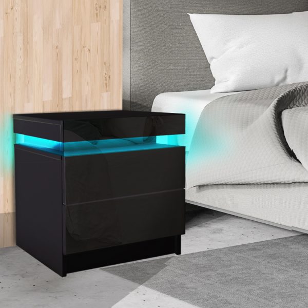 Hercules Bedside Tables Drawers RGB LED Side Table High Gloss Nightstand Cabinet – Black
