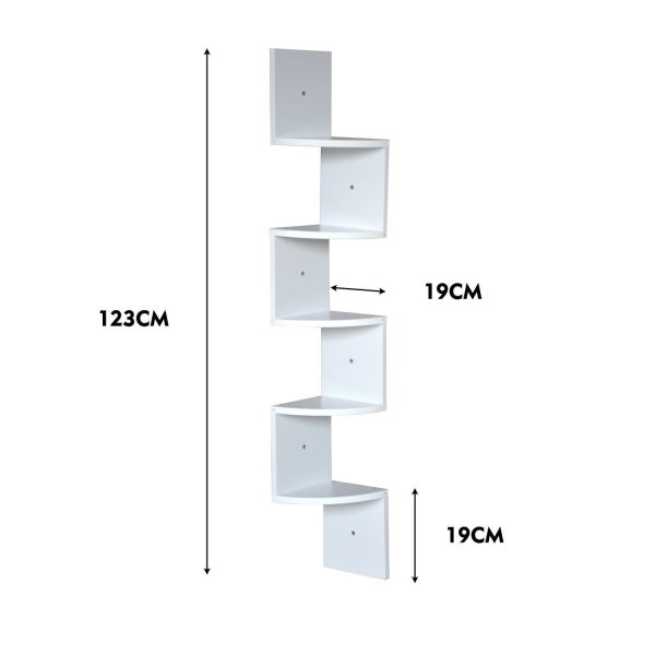 5 Tier Corner Wall Shelf Display Shelves DVD CD Storage Zig-tag Rack – White