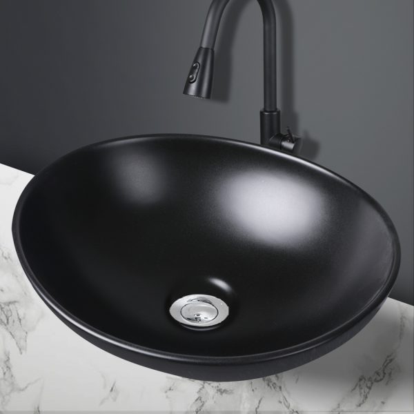 Wash Basin Oval Ceramic Hand Bowl Bathroom Sink Vanity Above Counter Black – Matte Black Finish