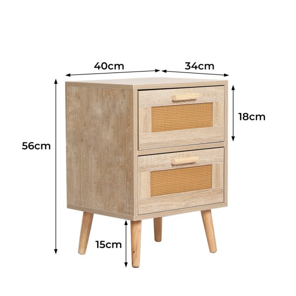 Owego Bedside Tables 2 Drawers Rattan Wood Nightstand Storage Cabinet Bedroom