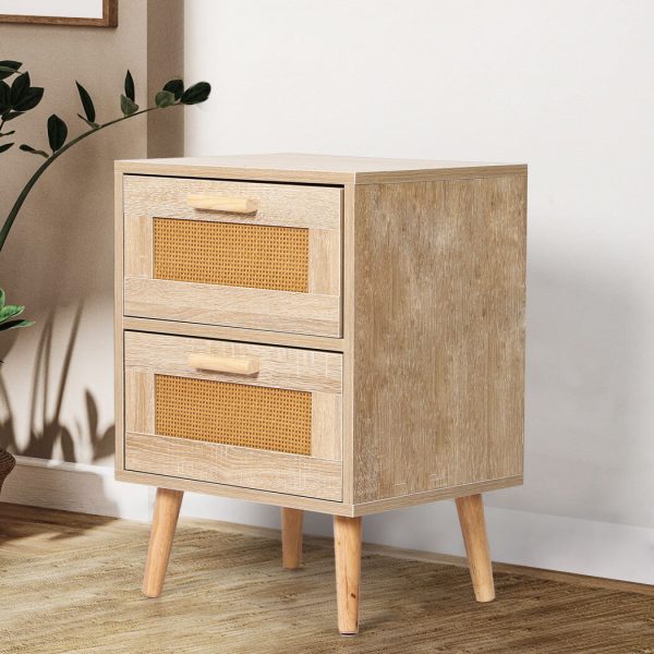 Owego Bedside Tables 2 Drawers Rattan Wood Nightstand Storage Cabinet Bedroom