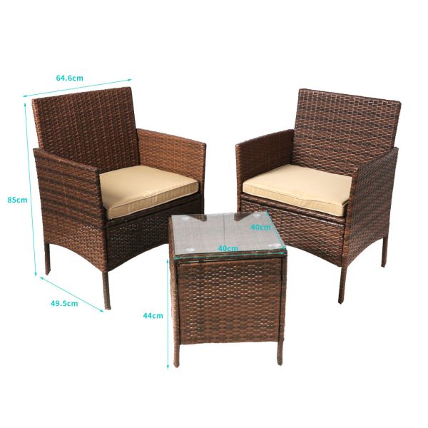 Outdoor Furniture Set Patio Garden 3 Pcs Chair Table Rattan Wicker Cushion Seat – Brown