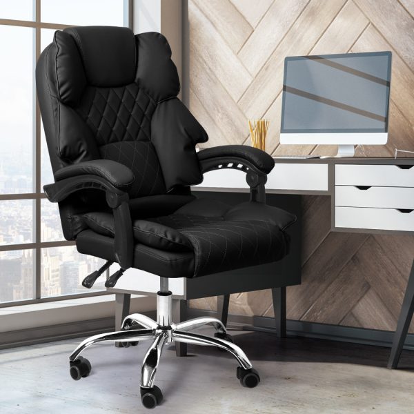 Gaming Chair Office Computer Seat Racing PU Leather Executive – Black, Without Footrest