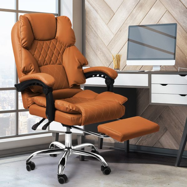 Gaming Chair Office Computer Seat Racing PU Leather Executive – Brown, With Footrest