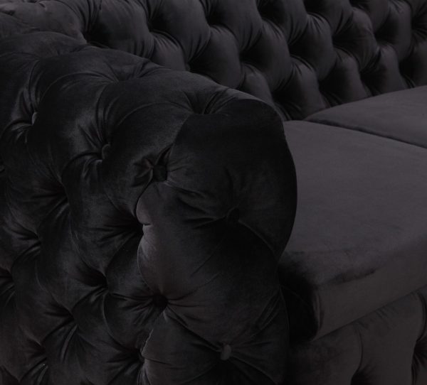 Clydebank Sofa Classic Button Tufted Lounge in Black Velvet Fabric with Metal Legs – 2 Seater