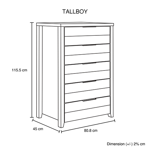 Tallboy with 5 Storage Drawers Natural Wood like MDF – White Ash