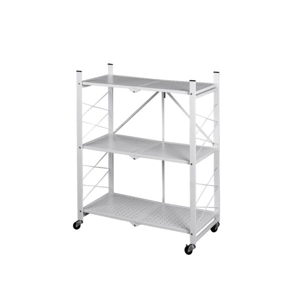 Foldable Storage Shelf Display Rack Bookshelf Bookcase Wheel Collapsible – White, 3 Tier