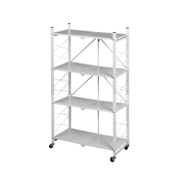 Foldable Storage Shelf Display Rack Bookshelf Bookcase Wheel Collapsible – White, 4 Tier