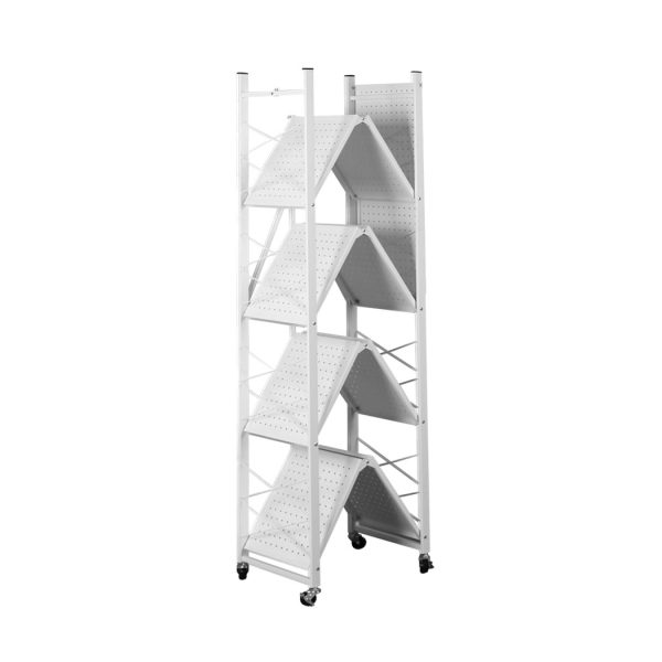 Foldable Storage Shelf Display Rack Bookshelf Bookcase Wheel Collapsible – White, 5 Tier