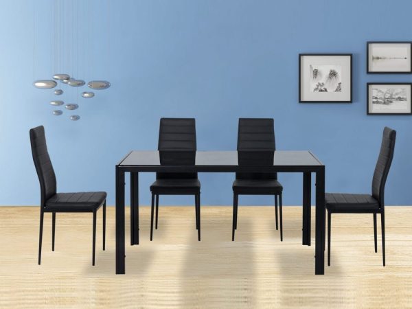 5PC Indoor Dining Table and Chairs Dinner Set Glass Leather Kitchen – Black