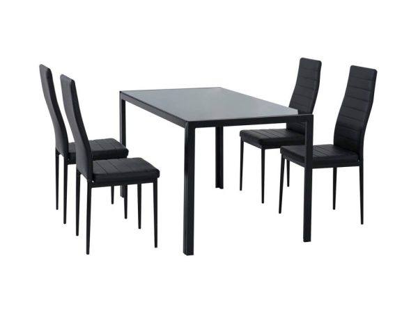 5PC Indoor Dining Table and Chairs Dinner Set Glass Leather Kitchen – Black