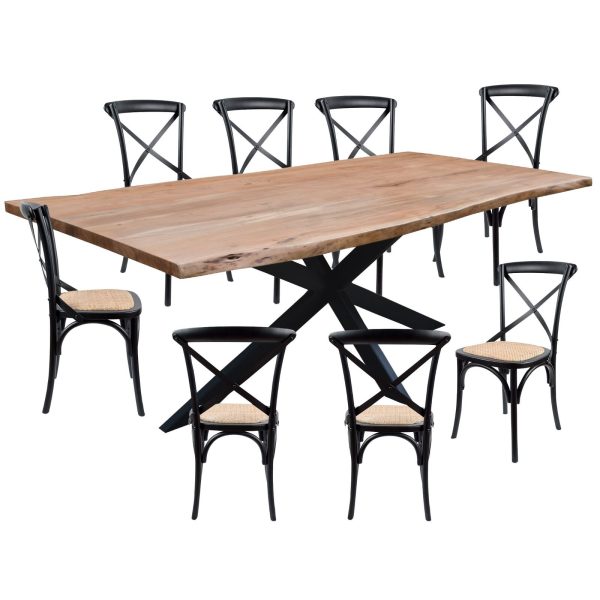 Lantana 9pc 240cm Dining Table 8 Black Chair Set Live Edge Acacia Wood