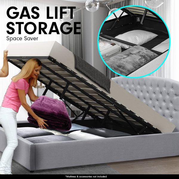Fabric Gas Lift Storage Bed Frame with Headboard – KING, Light Grey