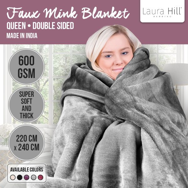 Laura Hill 600GSM Faux Mink Blanket Double-Sided Queen Size – Silver