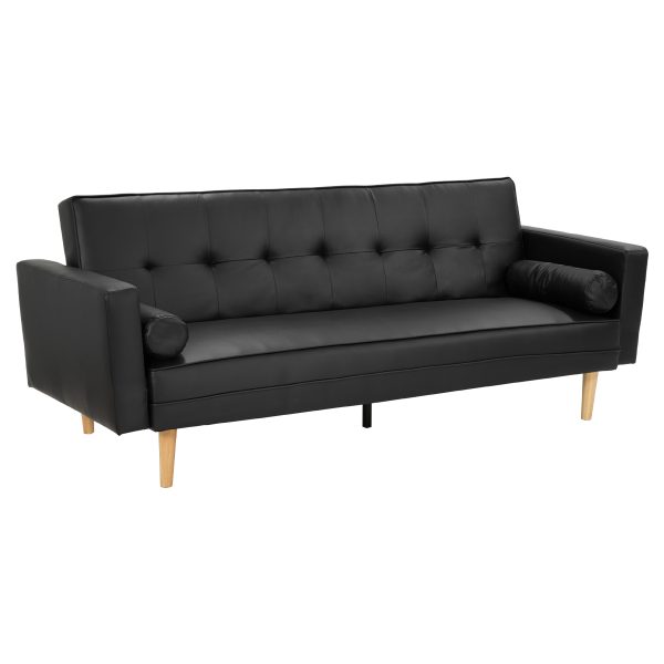 Bethel 3 Seater Faux Leather Sofa Bed Couch with Pillows – Black