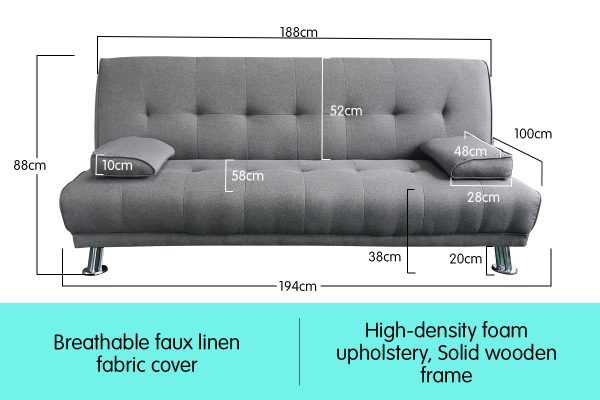 Cranberry 3 Seater Sofa Bed Couch Lounge Futon – Fabric