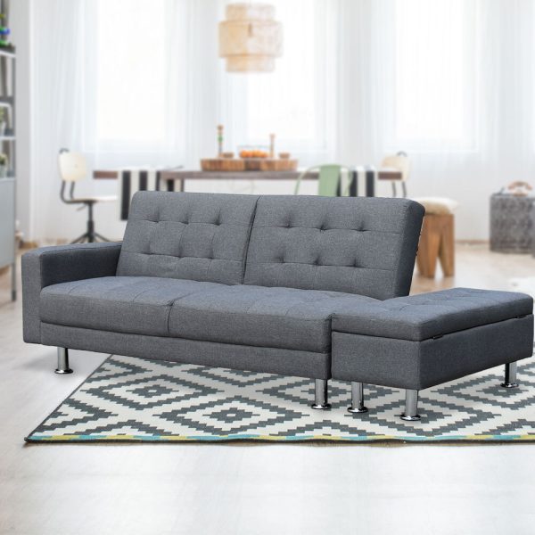 Heckmondwike 3 Seater Linen Sofa Bed Couch with Storage Ottoman – Grey