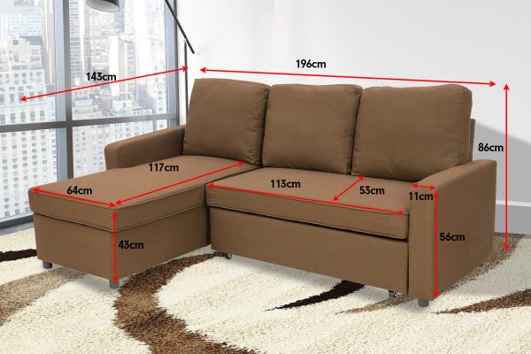 Derby 3-Seater Corner Sofa Bed Lounge Storage Chaise Couch – Brown