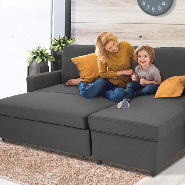 Derby 3-Seater Corner Sofa Bed Lounge Storage Chaise Couch – Grey