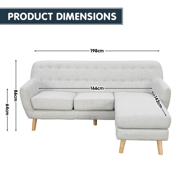 Buzzard Linen Corner Sofa Couch Lounge L-shaped with Chaise – Light Grey, Left Chaise