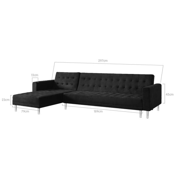 Cheektowaga Faux Velvet Corner Wooden Sofa Bed Couch with Chaise – Black