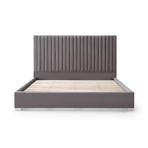 Bed Frame Polyester Fabric Padded Upholstery High Quality Slats Polished Stainless Steel Feet Queen Size