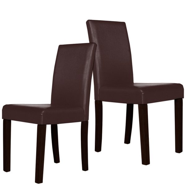 2x Wooden Frame Brown Leatherette Dining Chairs with Solid Pine Legs