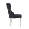 2x Dining Chair Black Velvet Upholstery Button Studding Deep Quilting Wooden Frame Back With Lion Ring And Nail Stainless Steel Legs