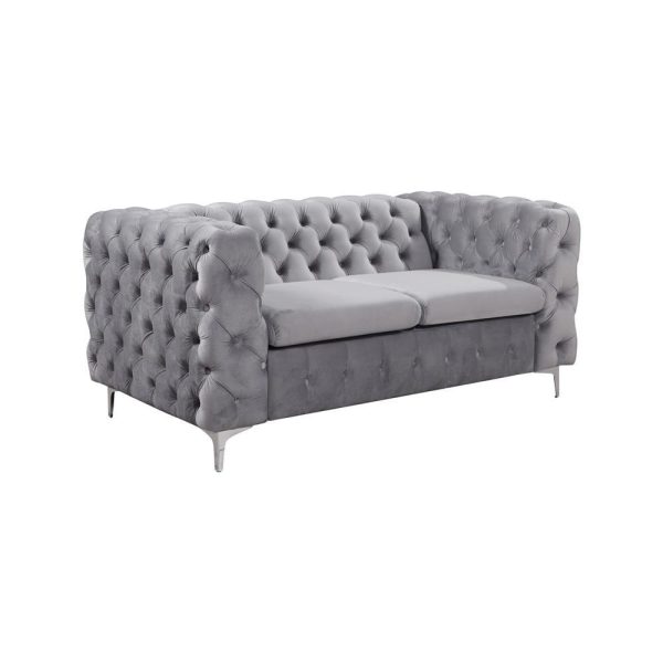 3+2 Seater Sofa Classic Button Tufted Lounge in Grey Velvet Fabric with Metal Legs