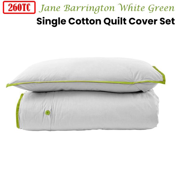 260TC 100% Cotton Quilt Cover Set Single White Green