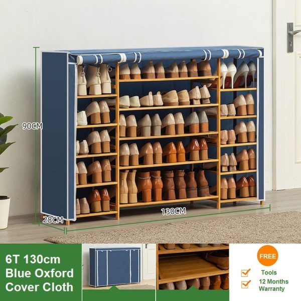 Cover Six Tier Oxford Cloth Covered Tower Bamboo Wooden Shoe Rack Boot Shelf Stand Storage Organizer