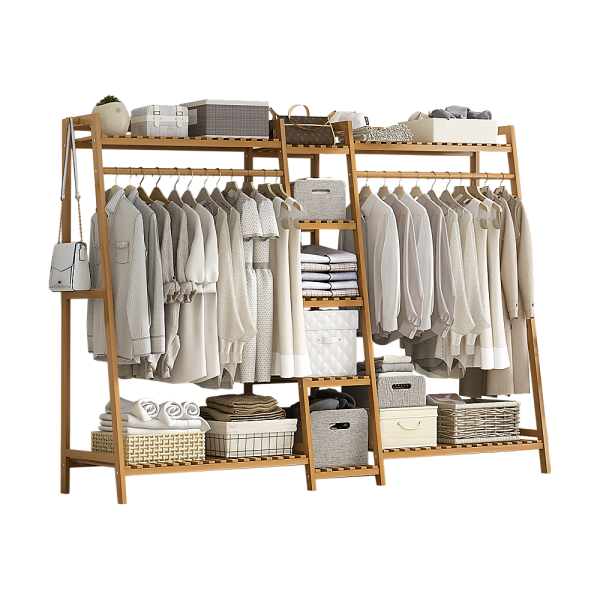 Portable Clothes Rack Coat Garment Stand Bamboo Rail Hanger Airer Closet.