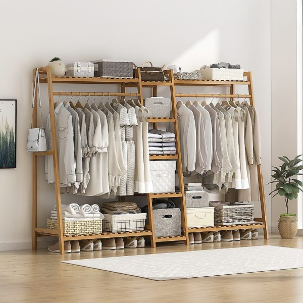 Portable Clothes Rack Coat Garment Stand Bamboo Rail Hanger Airer Closet.