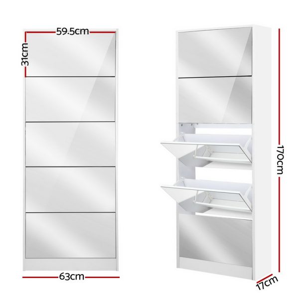 5 Drawer Mirrored Wooden Shoe Cabinet – White