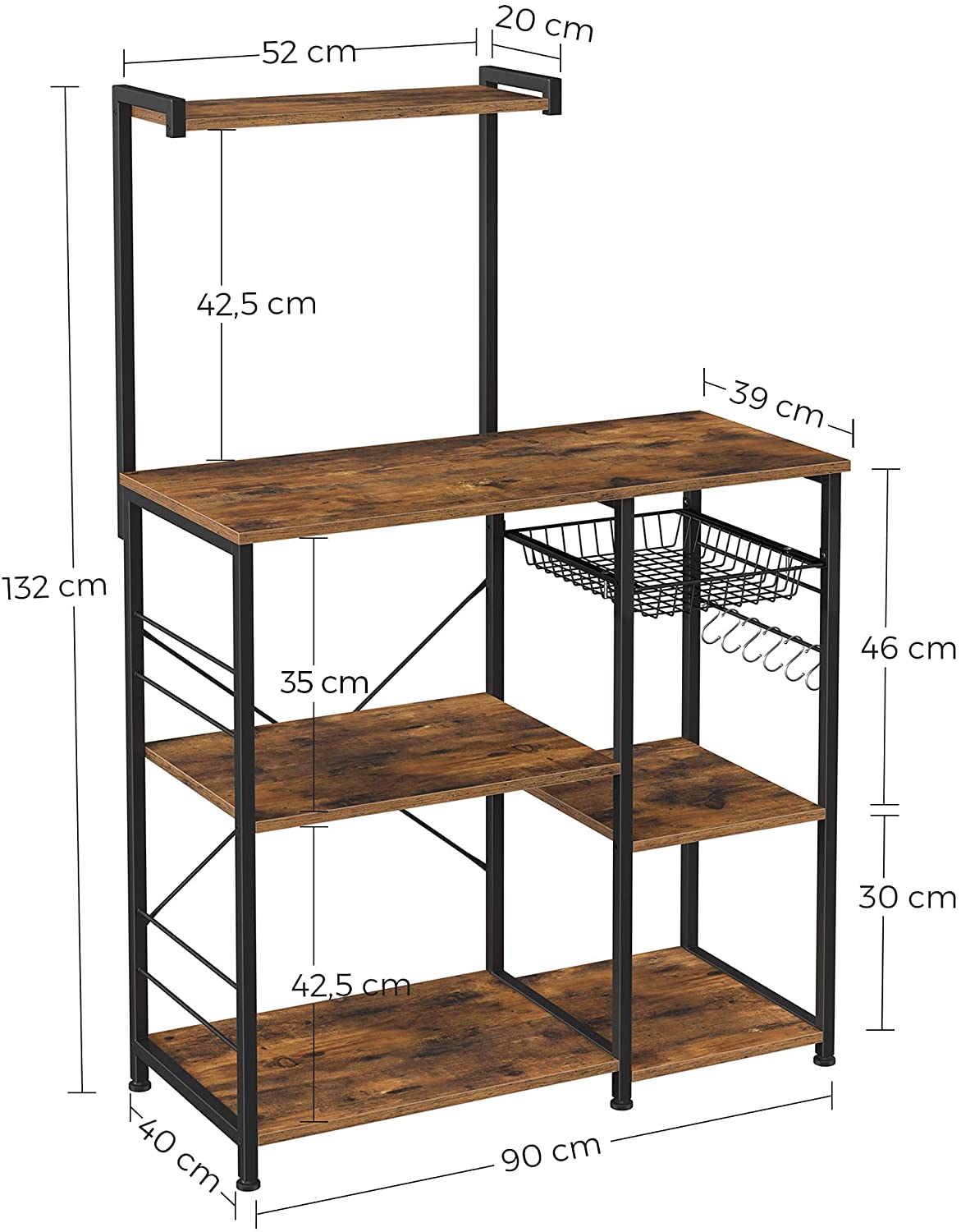 Kithcen Baker’s Rack with Shelves Microwave Stand with Wire Basket and 6 S-Hooks Rustic Brown