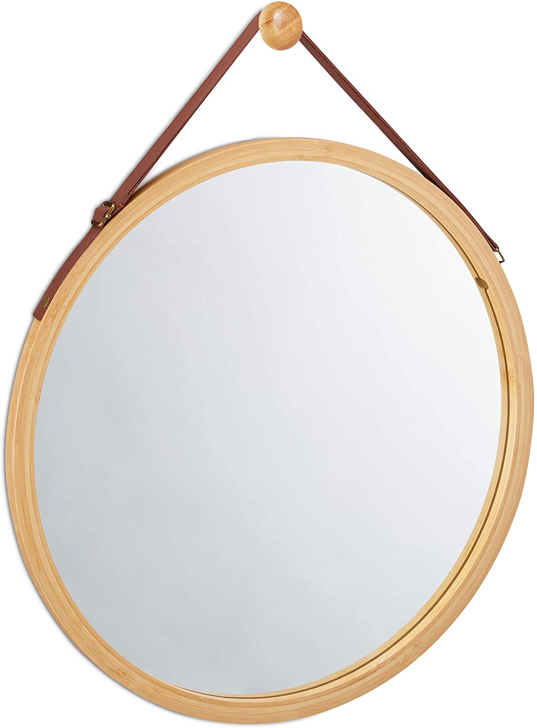 Hanging Round Wall Mirror Solid Bamboo Frame and Adjustable Leather Strap for Bathroom and Bedroom