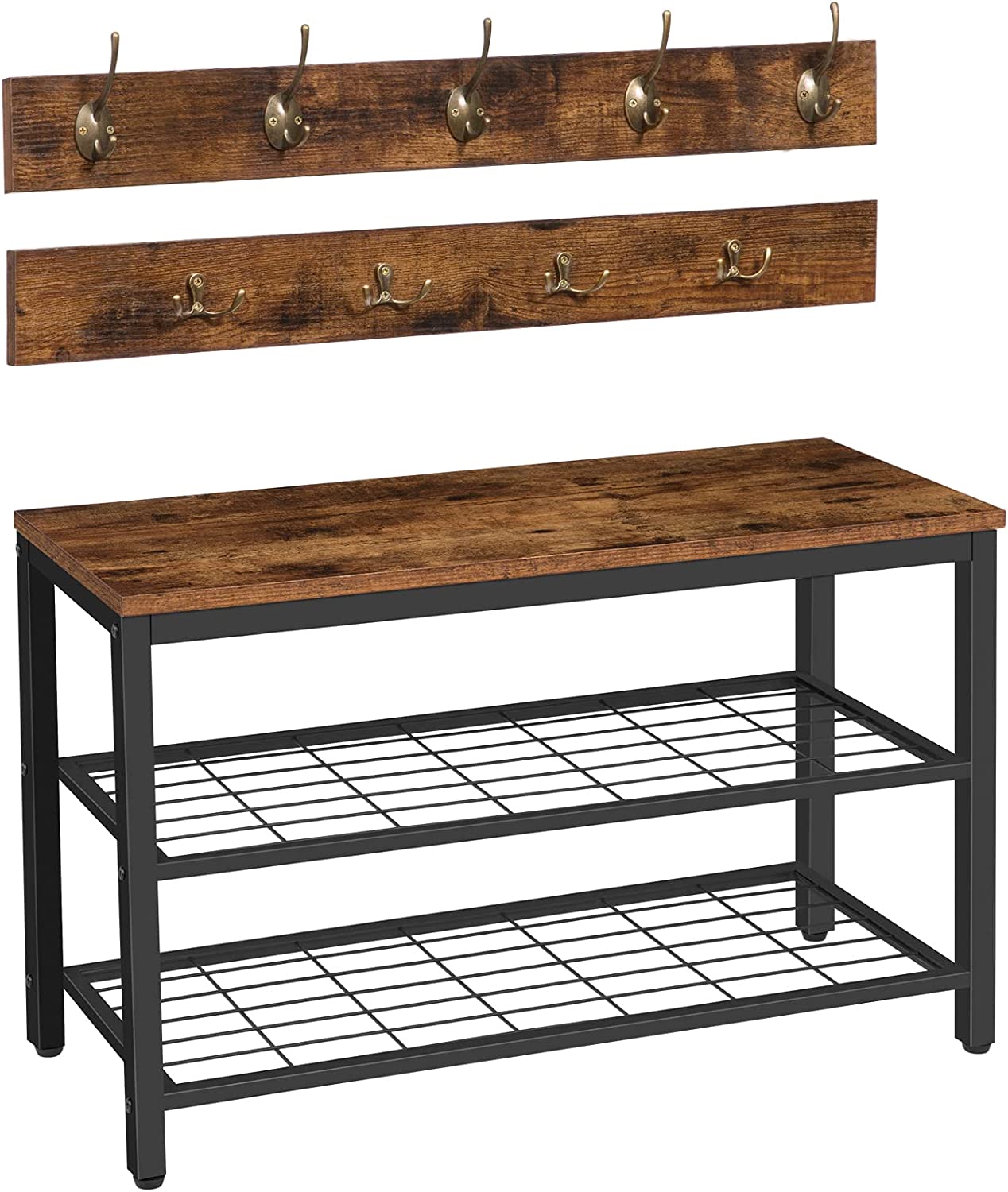 Industrial Design Entryway Shoe Rack with Coat Hooks Organizer