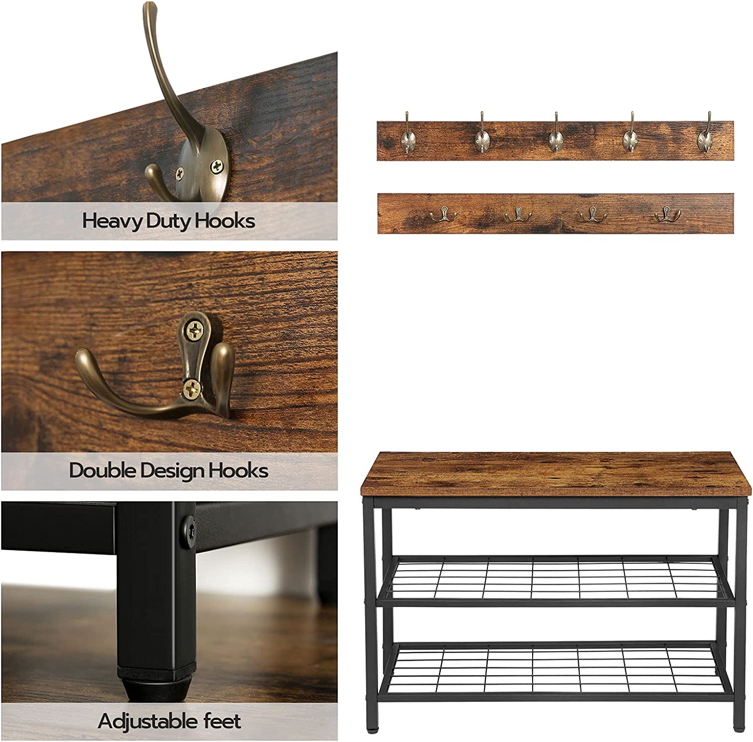 Industrial Design Entryway Shoe Rack with Coat Hooks Organizer